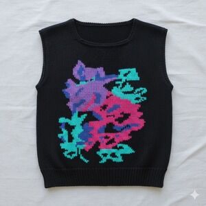 Victoria Jones Petites Black Floral Knit Vest Sz PM 90s Layerable Y2K Grunge